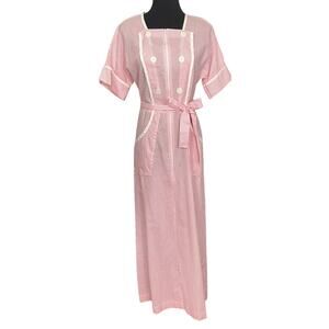 Vintage 80s Seersucker Utility House Dress MuMu Pink Candy Striper Kaftan Sailor